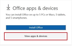 A screenshot of the 'Office Apps and Devices' screen, displaying the 'View Apps and Devices' option.