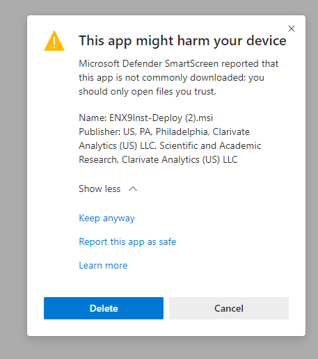 Screenshot of dialogue box containing the text This app might harm your device. The show more option has been clicked to reveal options to Keep anyway, Report this app as safe or Learn more