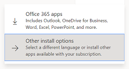 A screenshot of a drop-down menu displaying the options 'Office 365 apps' and 'Other install options'. The 'Other install options' menu item is selected.