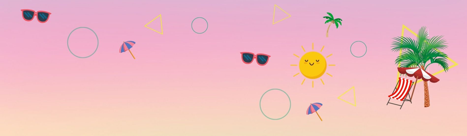 Various summer elements like sunglasses and palm tress scattered