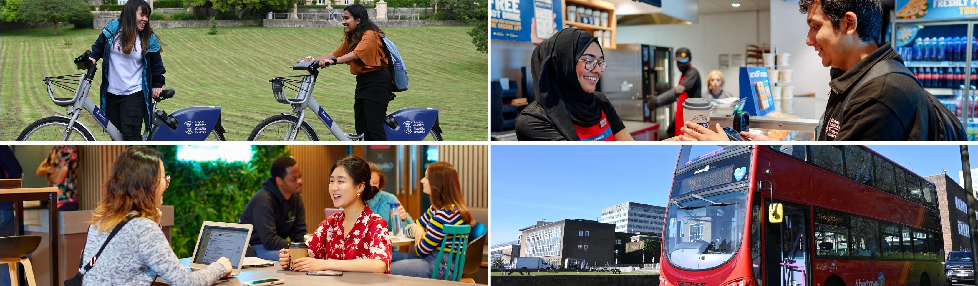 Collage of travel modes and catering venues 