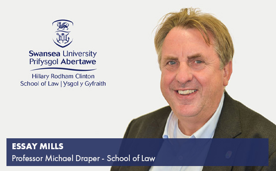 Professor Michael Draper appears next to the Swansea Univeristy school of law logo