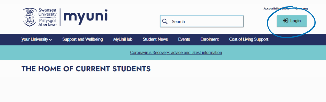 A screenshot of the MyUni homepage with the 'Login' button highlighted.