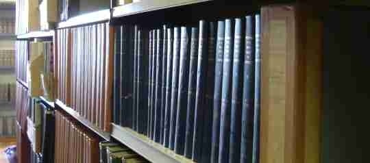 A shelf containing traditional leather bound books