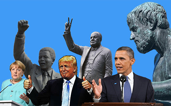 Barack Obama, Donald Trump, Angela Merkel and statues of Aristotle, Churchill and Mandela