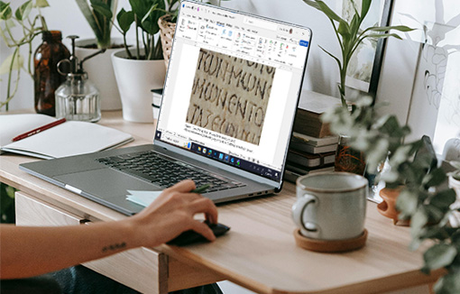 A person editing a word document with a caption