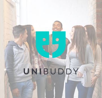 Students smiling with Unibuddy logo overlayed