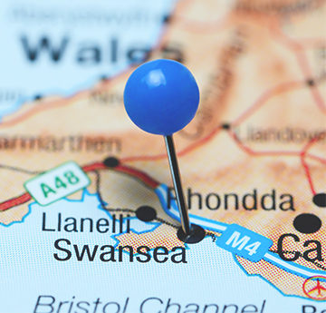 Swansea pinned on a map of Wales