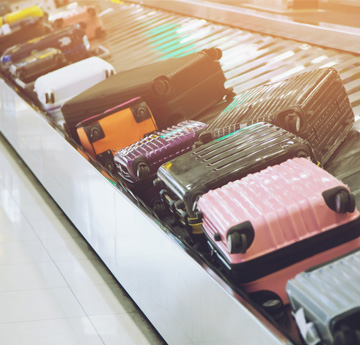 Suitcases on an airport baggage conveyor belt