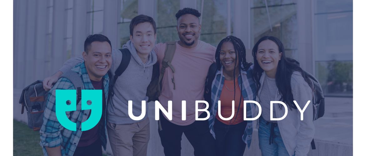 Students smiling in a row with Unibuddy logo 