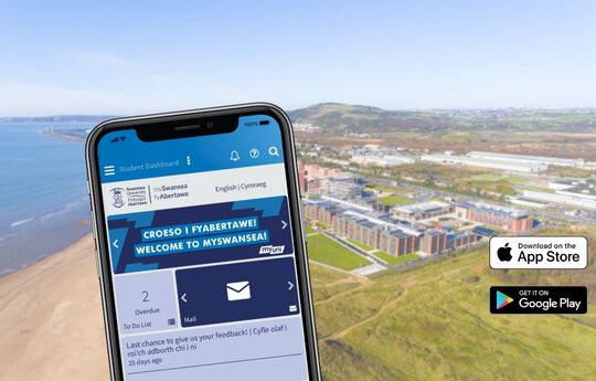 Mobile phone displaying the app with the Bay Campus in the background