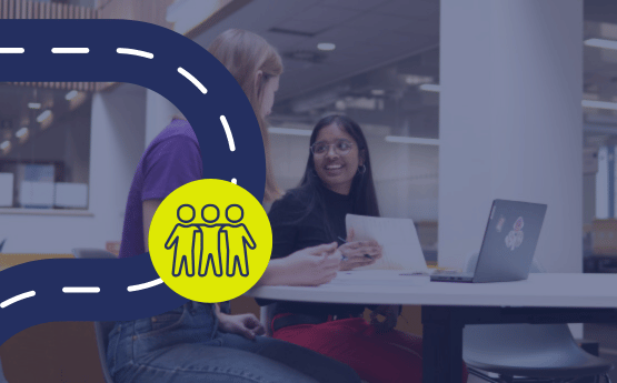 Students on bench, roadmap with symbol of three people together.