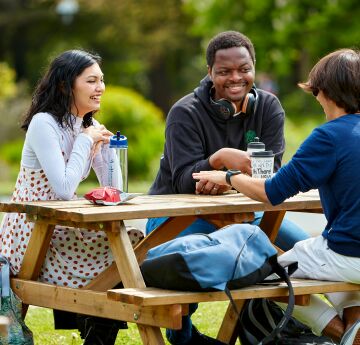 Students on park bench chatting