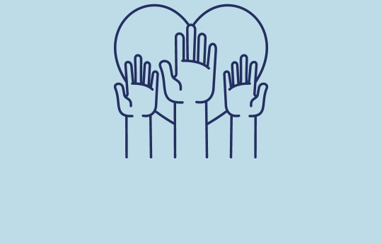 A light blue background with hands reaching in the air in front of a heart. 
