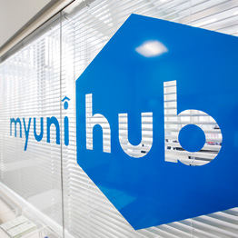 MyUniHub branding on a window sticker