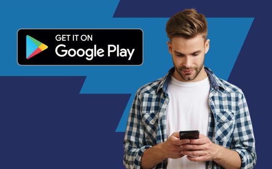 Student holding a smartphone, with the following text inserted next to them 'Get it on Google Play'.
