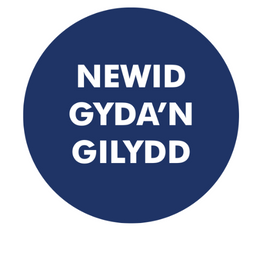 Text reads Newid Gyda'n Gilydd over the top of a navy blue circle.