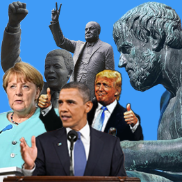 Barrack Obama, Donald Trump, Angela Merkel a cherfluniau o Aristotle, Churchill a Mandella