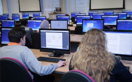 Students sitting in a PC lab