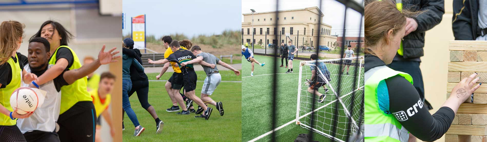 4 pictures of students playing various activities and games on the Bay campus. 