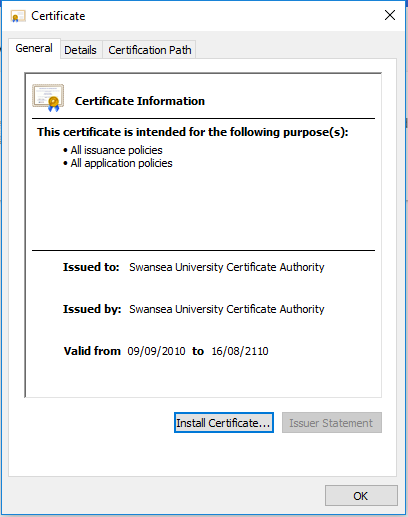 The certificate Information window