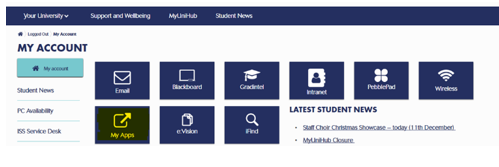 Screenshot of MyUni Homepage