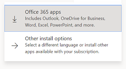 A screenshot of a drop-down menu displaying the options 'Office 365 apps' and 'Other install options'. The 'Office 365 apps' menu item is selected. 