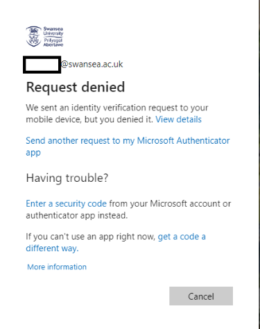 A screenshot of a denied Microsoft Authenticator prompt with an option to request another request