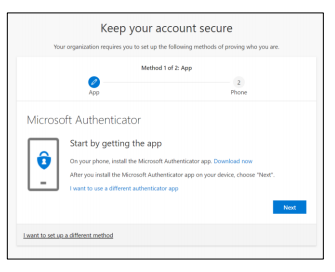 A screenshot of a Keep your account secure dialogue box that reads Start by getting the app