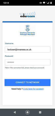 The username and password field for the geteduroam app