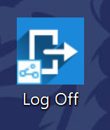 A screenshot of the Log Off icon on the desktop, showing a blue square icon containing a white rectangle and a white arrow pointing away from the rectangle, above the text 