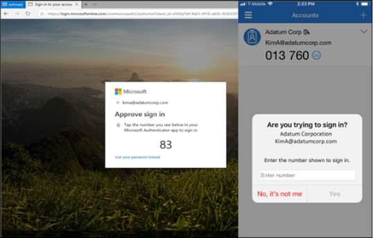 A screenshot showing a prompt featuring a two-digit number on one screen and another mobile screen that is requesting that number is entered into the box. A No, it's not me option is also visible