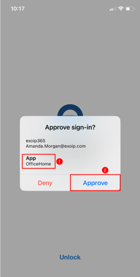 A screenshot showing a prompt with the app name OfficeHome and the option to approve or deny