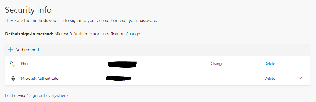 A screenshot of a Security Info page. The Default sign-in method is Microsoft Authenticator - notification. A redacted phone number is also featured
