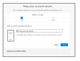 A dialogue box titled Keep your account secure. There is a button for Next