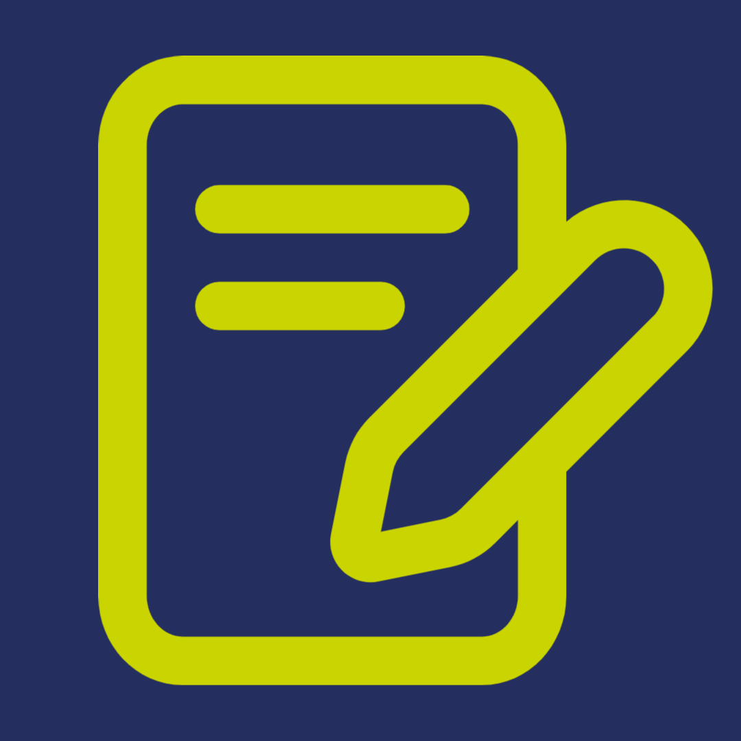 Green icon of a sheet of paper with a pen layng on it on a dark blue background