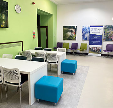 Student seating area in Wallace Building foyer, Singleton Park Campus, Swansea University