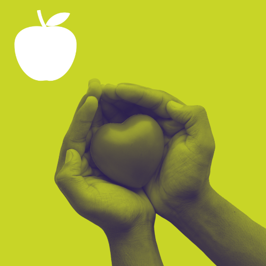 Hands cupped together holding a heart-shaped stress ball and apple icon