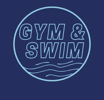 Dark blue background with a lighter blue circle and outline of the text 'Gym & Swim' with waves underneath. 