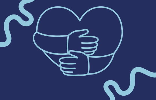 Dark blue background with a blue outline of a heart being hugged.