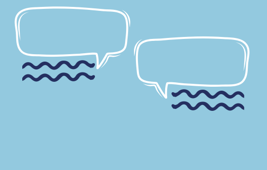 Light blue background with two white speech bubbles and dark blue squiggly lines underneath. 